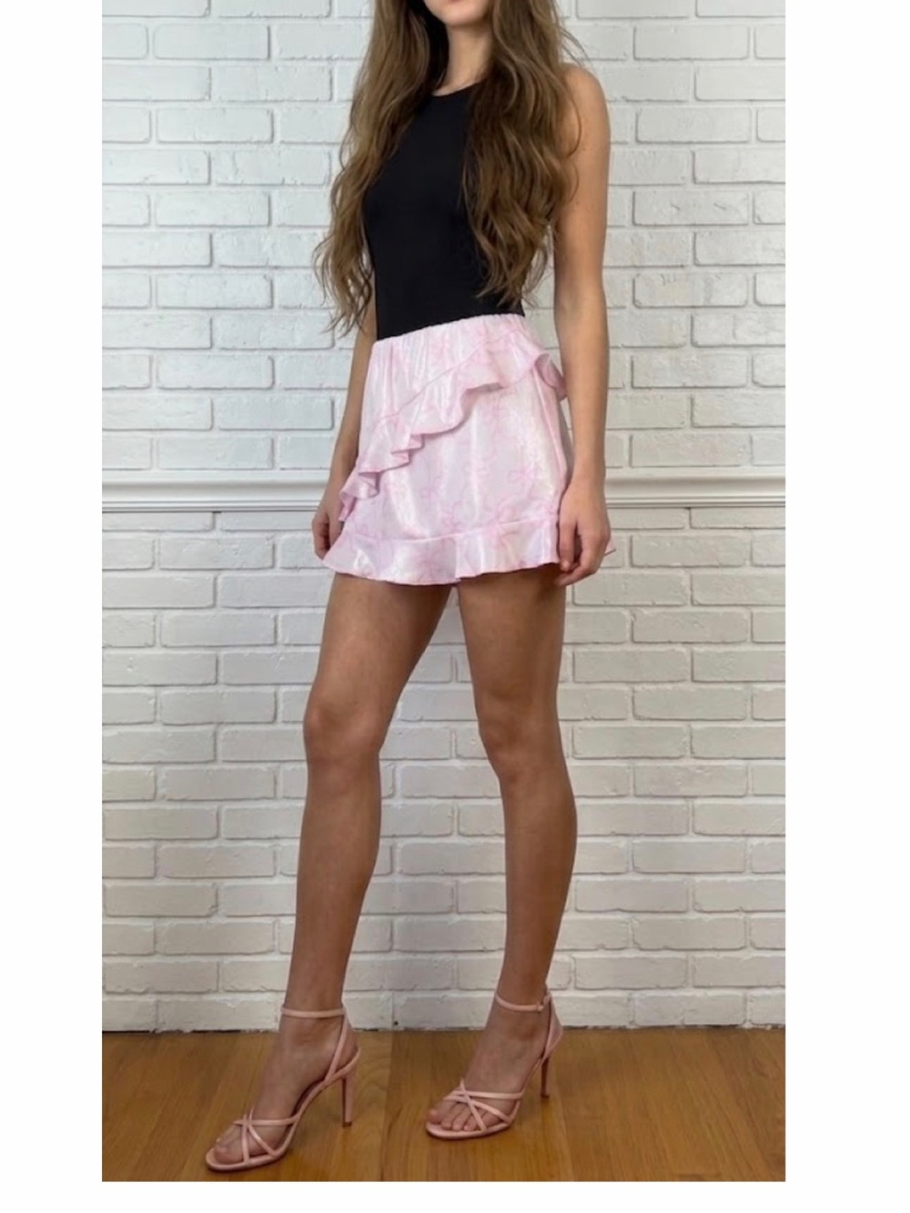 NWT Loveshackfancy x Pink Ruffle Mini Skirt Bows  & Ribbons Print Sz Medium New